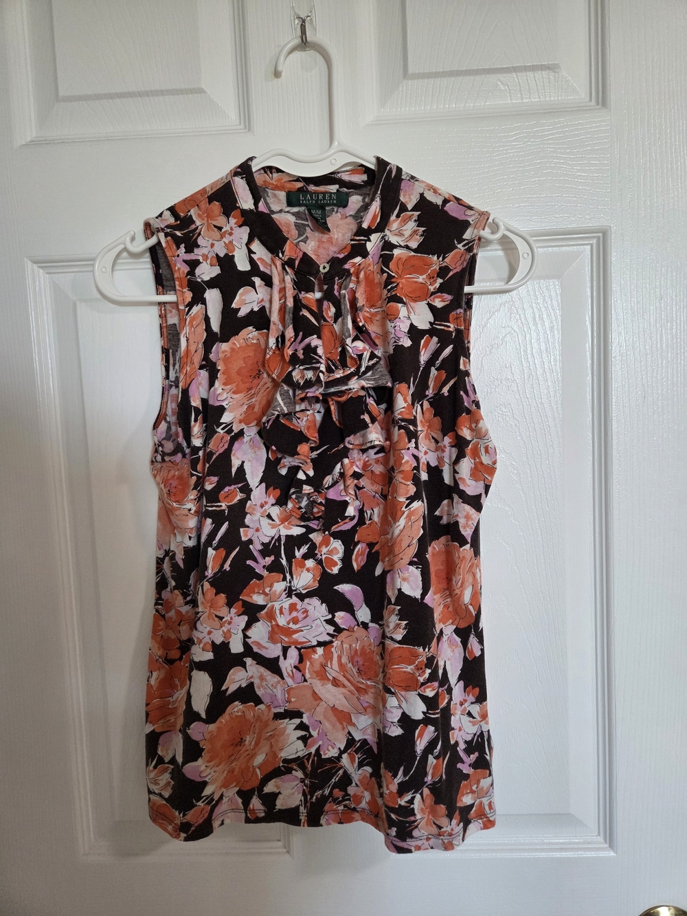 Ralph Lauren Black Sleeveless Floral Ruffle Blouse with Orange Accents